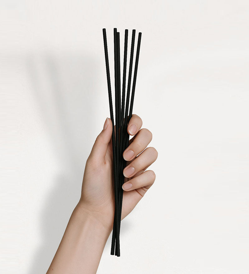 Hand holding a set of black reed diffuser sticks against a light background