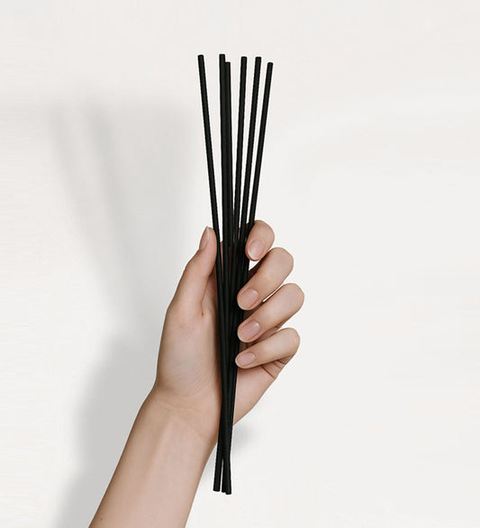 Hand holding a set of black reed diffuser sticks against a light background