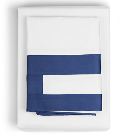 White fabric with a blue stripe on a white background