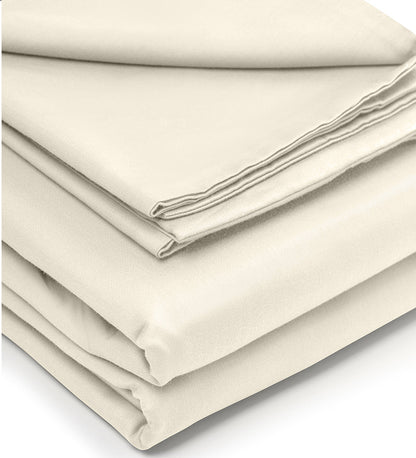 Stack of beige bed sheets on a white background