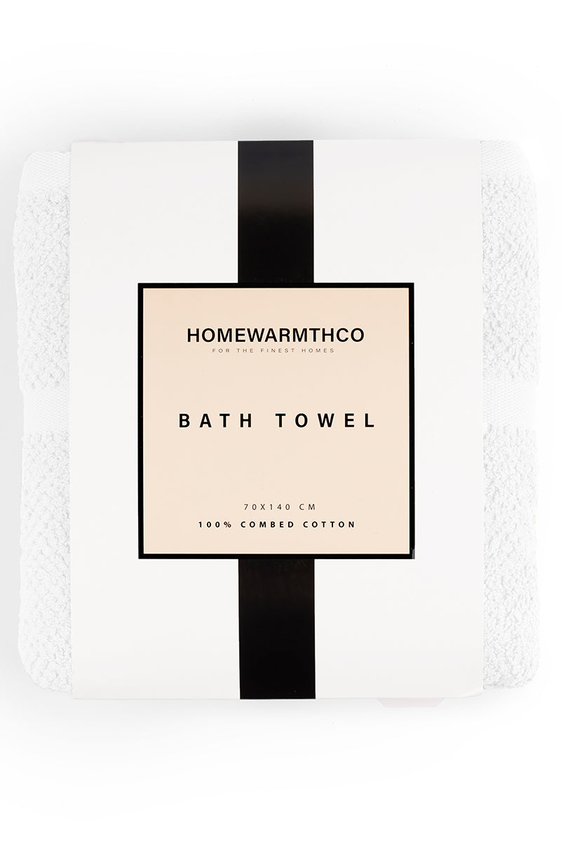 Bath towel with 'Homewarmthco' branding on a white background