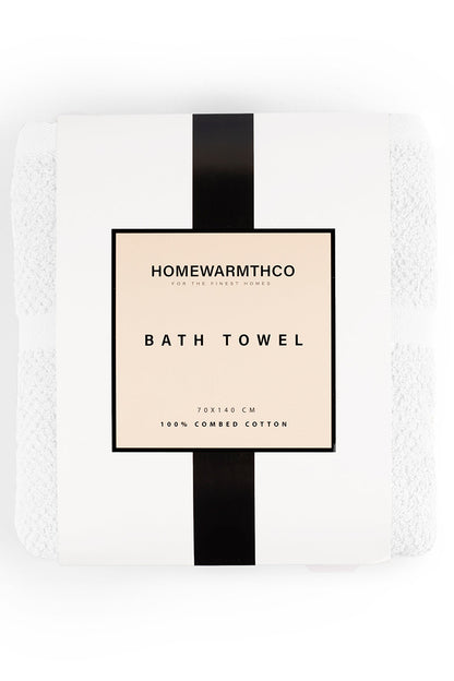 Bath towel with 'Homewarmthco' branding on a white background