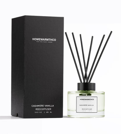 Homewarmthco Cashmere Vanilla Reed Diffuser with packaging on a white background
