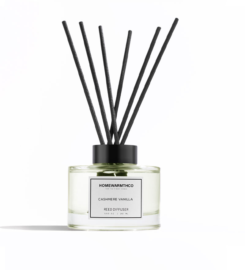 Homewarmthco Cashmere Vanilla reed diffuser on a white background