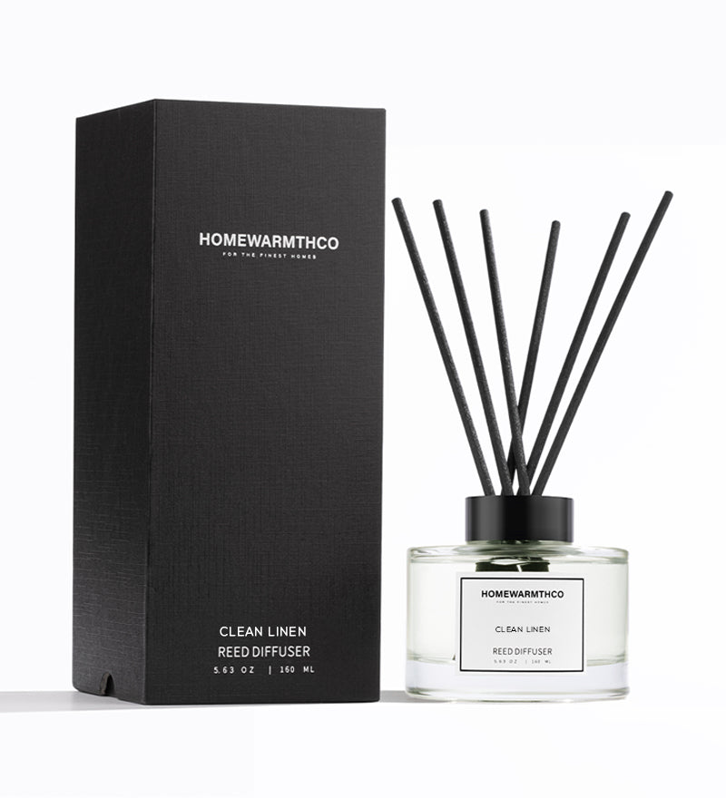 Homewarmthco Clean Linen Reed Diffuser with packaging on a white background