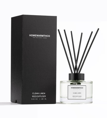 Homewarmthco Clean Linen Reed Diffuser with packaging on a white background