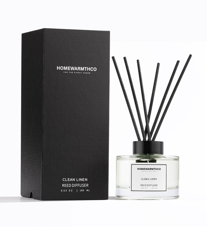 Homewarmthco Clean Linen Reed Diffuser with packaging on a white background