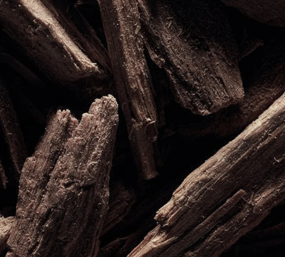 Close-up of dark brown wood chips or sticks on a black background Reed diffuser