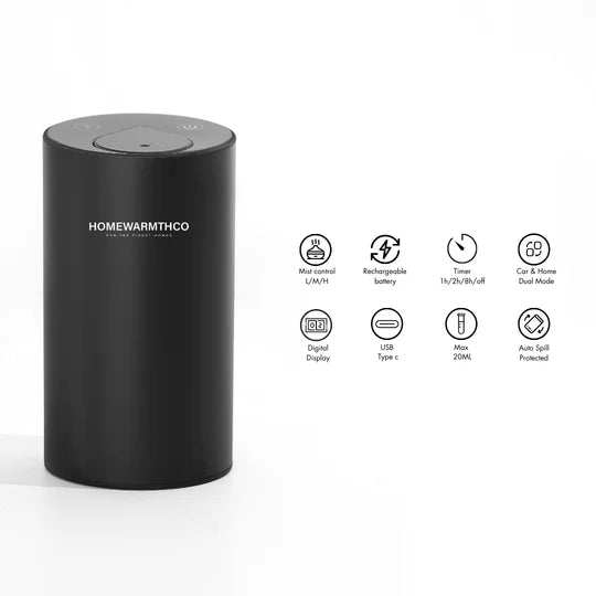 Black cylindrical electric diffuser with 'Homewarmthco' branding and feature icons on a white background