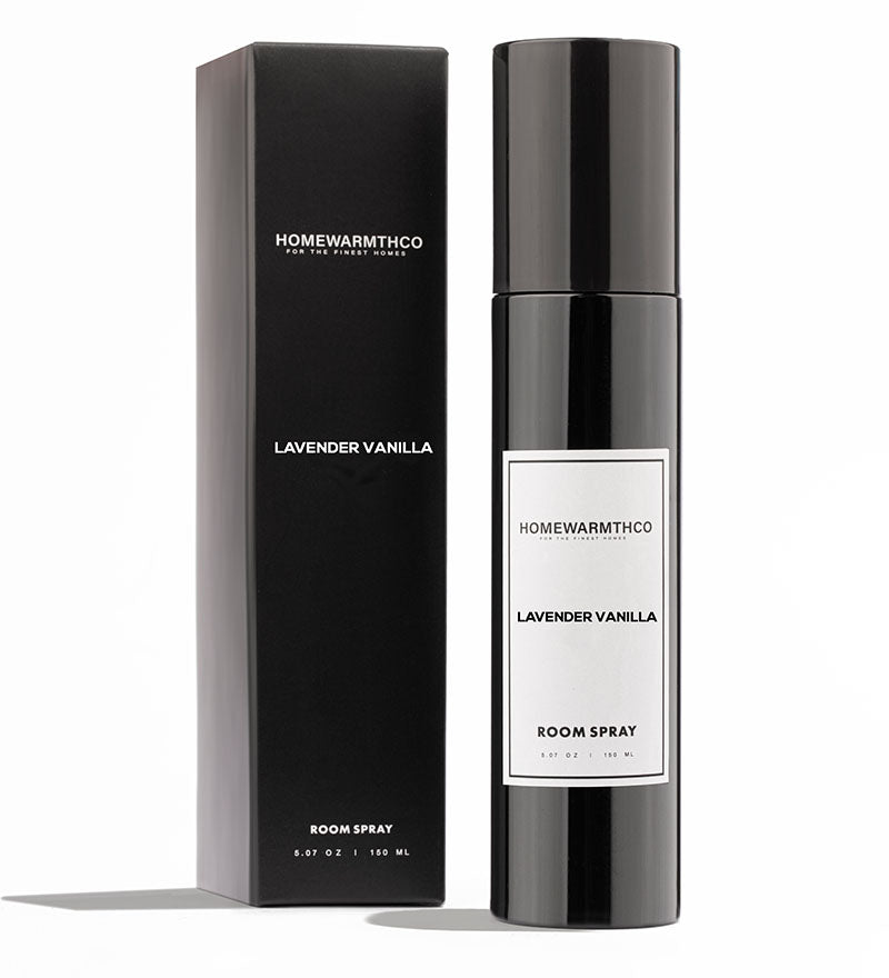 Homewarmthco Lavender Vanilla room spray and packaging on a white background