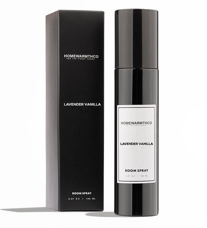 Homewarmthco Lavender Vanilla room spray and packaging on a white background