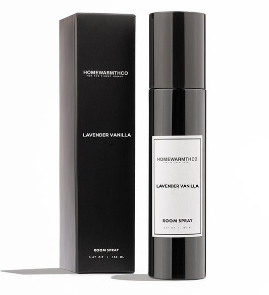 Homewarmthco Lavender Vanilla room spray and packaging on a white background