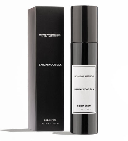 Homewarmthco Sandalwood Silk room spray bottle and packaging on a white background