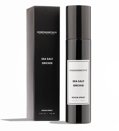 Homewarmthco Sea Salt Orchid room spray and packaging on a white background