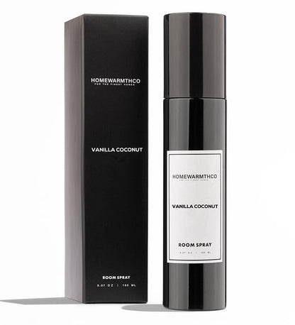 Homewarmthco Vanilla Coconut room spray bottle and packaging on a white background