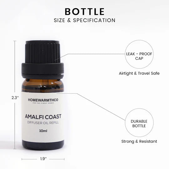 Amalfi Coast diffuser oil refill bottle with specifications on a white background