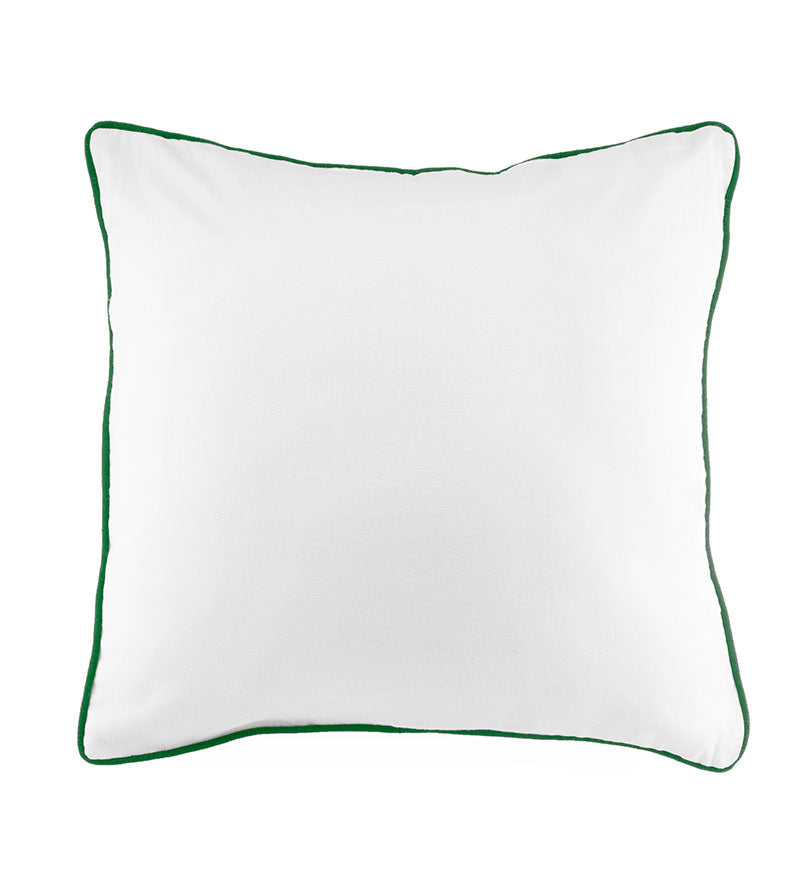 White pillow with green piping on a white background