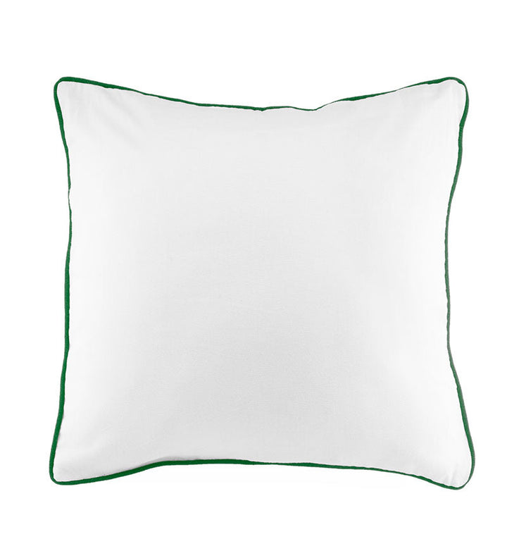 White pillow with green piping on a white background