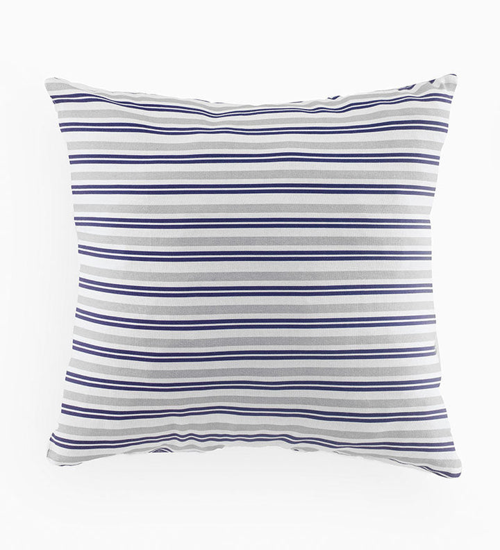 Striped pillow with blue and gray horizontal lines on a white background
