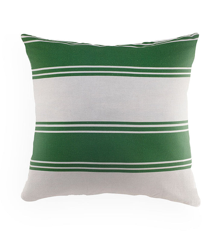 Green and white striped pillow on a white background