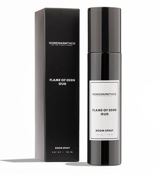 Homewarmthco Flame of Eden Oud room spray and packaging on a white background